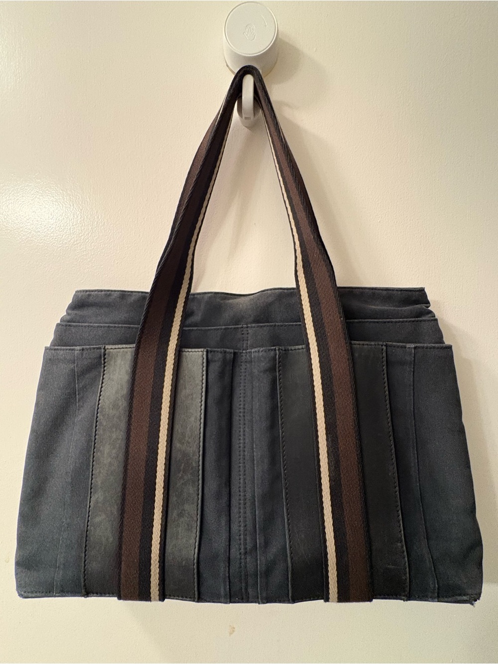 Hermes Gray Canvas Messenger Tote with Brown Striped Webbing Handles